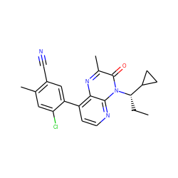 CC[C@@H](C1CC1)n1c(=O)c(C)nc2c(-c3cc(C#N)c(C)cc3Cl)ccnc21 ZINC000084709636