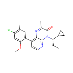 CC[C@@H](C1CC1)n1c(=O)c(C)nc2c(-c3cc(C)c(Cl)cc3OC)ccnc21 ZINC000084709643