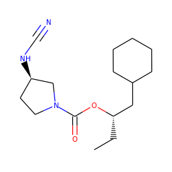 CC[C@@H](CC1CCCCC1)OC(=O)N1CC[C@@H](NC#N)C1 ZINC000028353970