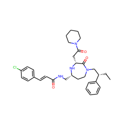 CC[C@@H](CN1CC[C@H](CNC(=O)/C=C/c2ccc(Cl)cc2)N[C@H](CC(=O)N2CCCCC2)C1=O)c1ccccc1 ZINC001772636037