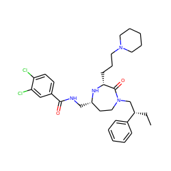 CC[C@@H](CN1CC[C@H](CNC(=O)c2ccc(Cl)c(Cl)c2)N[C@H](CCCN2CCCCC2)C1=O)c1ccccc1 ZINC000206912949