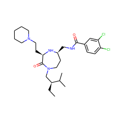 CC[C@@H](CN1CC[C@H](CNC(=O)c2ccc(Cl)c(Cl)c2)N[C@H](CCN2CCCCC2)C1=O)C(C)C ZINC000206890606