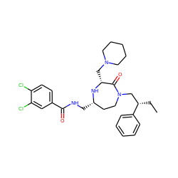 CC[C@@H](CN1CC[C@H](CNC(=O)c2ccc(Cl)c(Cl)c2)N[C@H](CN2CCCCC2)C1=O)c1ccccc1 ZINC000206881719