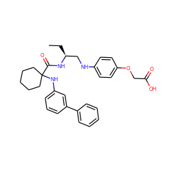 CC[C@@H](CNc1ccc(OCC(=O)O)cc1)NC(=O)C1(Nc2cccc(-c3ccccc3)c2)CCCCC1 ZINC000028571838