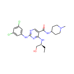 CC[C@@H](CO)Nc1nc(Nc2cc(Cl)cc(Cl)c2)ncc1C(=O)NC1CCN(C)CC1 ZINC000095594713