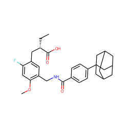 CC[C@@H](Cc1cc(CNC(=O)c2ccc(C34CC5CC(CC(C5)C3)C4)cc2)c(OC)cc1F)C(=O)O ZINC000040847110