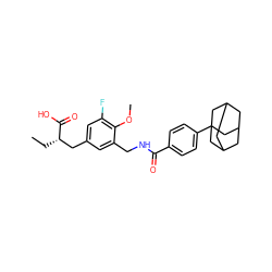 CC[C@@H](Cc1cc(F)c(OC)c(CNC(=O)c2ccc(C34CC5CC(CC(C5)C3)C4)cc2)c1)C(=O)O ZINC000040847344