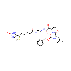 CC[C@@H](NC(=O)[C@@H](CC(C)C)NC(=O)OCc1ccccc1)C(=O)C(=O)NCCNC(=O)CCCC[C@@H]1SC[C@@H]2NC(=O)N[C@H]12 ZINC000027326331