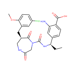 CC[C@@H](NC(=O)N1CC(=O)NC[C@@H](Cc2cc(Cl)ccc2OC)C1=O)c1ccc(C(=O)O)c(N)c1 ZINC000028895181