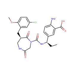 CC[C@@H](NC(=O)N1CC(=O)NC[C@@H](Cc2cc(Cl)ccc2OC)C1=O)c1ccc(N)c(C(=O)O)c1 ZINC000028895285