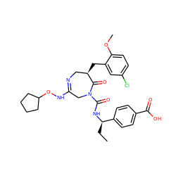 CC[C@@H](NC(=O)N1CC(NOC2CCCC2)=NC[C@@H](Cc2cc(Cl)ccc2OC)C1=O)c1ccc(C(=O)O)cc1 ZINC000219503792