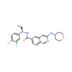 CC[C@@H](NC(=O)c1ccc2cnc(NC3CCOCC3)cc2c1)c1ccc(Cl)c(F)c1 ZINC000205435995