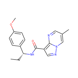 CC[C@@H](NC(=O)c1cnn2cc(C)cnc12)c1ccc(OC)cc1 ZINC000019500519