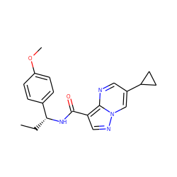 CC[C@@H](NC(=O)c1cnn2cc(C3CC3)cnc12)c1ccc(OC)cc1 ZINC001772605128