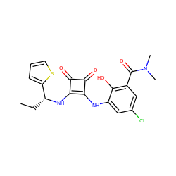 CC[C@@H](Nc1c(Nc2cc(Cl)cc(C(=O)N(C)C)c2O)c(=O)c1=O)c1cccs1 ZINC000101278125