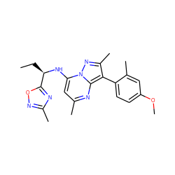 CC[C@@H](Nc1cc(C)nc2c(-c3ccc(OC)cc3C)c(C)nn12)c1nc(C)no1 ZINC000034661170