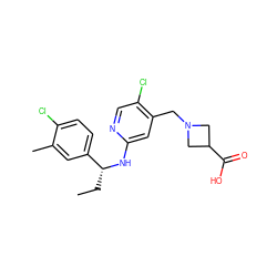 CC[C@@H](Nc1cc(CN2CC(C(=O)O)C2)c(Cl)cn1)c1ccc(Cl)c(C)c1 ZINC000118513484