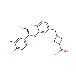 CC[C@@H](Nc1cc(CN2CC(C(=O)O)C2)ccc1F)c1ccc(Cl)c(C)c1 ZINC000118395355