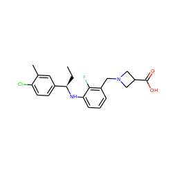 CC[C@@H](Nc1cccc(CN2CC(C(=O)O)C2)c1F)c1ccc(Cl)c(C)c1 ZINC000118386239