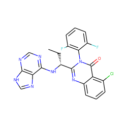 CC[C@@H](Nc1ncnc2[nH]cnc12)c1nc2cccc(Cl)c2c(=O)n1-c1c(F)cccc1F ZINC000013986660