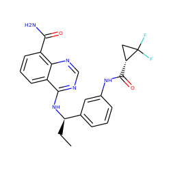 CC[C@@H](Nc1ncnc2c(C(N)=O)cccc12)c1cccc(NC(=O)[C@@H]2CC2(F)F)c1 ZINC000114349124