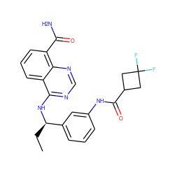 CC[C@@H](Nc1ncnc2c(C(N)=O)cccc12)c1cccc(NC(=O)C2CC(F)(F)C2)c1 ZINC000114345722