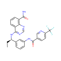 CC[C@@H](Nc1ncnc2c(C(N)=O)cccc12)c1cccc(NC(=O)c2ccc(C(F)(F)F)nc2)c1 ZINC000114349314