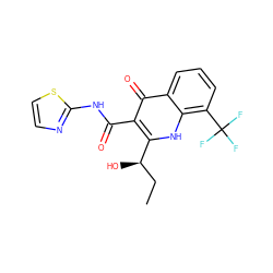 CC[C@@H](O)c1[nH]c2c(C(F)(F)F)cccc2c(=O)c1C(=O)Nc1nccs1 ZINC000029229653