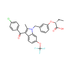 CC[C@@H](Oc1cccc(Cn2c(C)c(C(=O)c3ccc(Cl)cc3)c3ccc(OC(F)(F)F)cc32)c1)C(=O)O ZINC000043009979