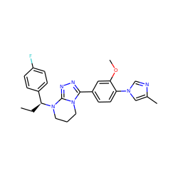 CC[C@@H](c1ccc(F)cc1)N1CCCn2c(-c3ccc(-n4cnc(C)c4)c(OC)c3)nnc21 ZINC000066100842