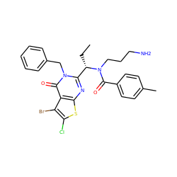 CC[C@@H](c1nc2sc(Cl)c(Br)c2c(=O)n1Cc1ccccc1)N(CCCN)C(=O)c1ccc(C)cc1 ZINC000072118208