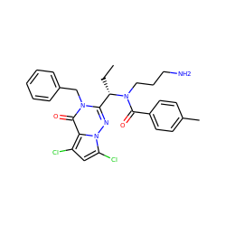 CC[C@@H](c1nn2c(Cl)cc(Cl)c2c(=O)n1Cc1ccccc1)N(CCCN)C(=O)c1ccc(C)cc1 ZINC000036184707