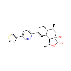 CC[C@@H]1[C@@H](C)C[C@@]2(O)C(=O)O[C@H](C)[C@H]2[C@H]1/C=C/c1ccc(-c2ccsc2)cn1 ZINC000084597158