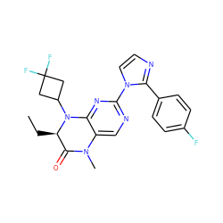 CC[C@@H]1C(=O)N(C)c2cnc(-n3ccnc3-c3ccc(F)cc3)nc2N1C1CC(F)(F)C1 ZINC000096272646