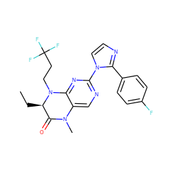 CC[C@@H]1C(=O)N(C)c2cnc(-n3ccnc3-c3ccc(F)cc3)nc2N1CCC(F)(F)F ZINC000096272654