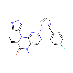 CC[C@@H]1C(=O)N(C)c2cnc(-n3ccnc3-c3ccc(F)cc3)nc2N1c1cn[nH]c1 ZINC000096272647