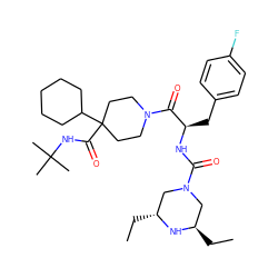 CC[C@@H]1CN(C(=O)N[C@H](Cc2ccc(F)cc2)C(=O)N2CCC(C(=O)NC(C)(C)C)(C3CCCCC3)CC2)C[C@@H](CC)N1 ZINC000071329250