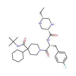 CC[C@@H]1CN[C@H](C(=O)N[C@H](Cc2ccc(F)cc2)C(=O)N2CCC(C(=O)NC(C)(C)C)(C3CCCCC3)CC2)CN1 ZINC000028522966