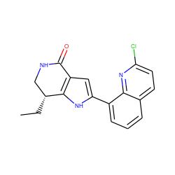 CC[C@@H]1CNC(=O)c2cc(-c3cccc4ccc(Cl)nc34)[nH]c21 ZINC000222328518