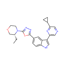 CC[C@@H]1COCCN1c1nnc(-c2ccc3[nH]cc(-c4cncc(C5CC5)n4)c3c2)o1 ZINC000221727227