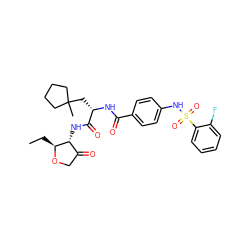 CC[C@@H]1OCC(=O)[C@H]1NC(=O)[C@H](CC1(C)CCCC1)NC(=O)c1ccc(NS(=O)(=O)c2ccccc2F)cc1 ZINC000042875285