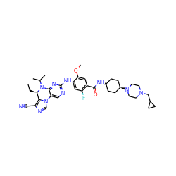 CC[C@@H]1c2c(C#N)ncn2-c2cnc(Nc3cc(F)c(C(=O)N[C@H]4CC[C@H](N5CCN(CC6CC6)CC5)CC4)cc3OC)nc2N1C(C)C ZINC001772608752