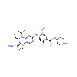 CC[C@@H]1c2c(C#N)ncn2-c2cnc(Nc3cc(F)c(C(=O)NC4CCN(C)CC4)cc3OC)nc2N1C(C)C ZINC001772638621