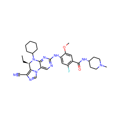 CC[C@@H]1c2c(C#N)ncn2-c2cnc(Nc3cc(F)c(C(=O)NC4CCN(C)CC4)cc3OC)nc2N1C1CCCCC1 ZINC001772654133