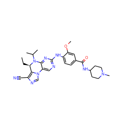 CC[C@@H]1c2c(C#N)ncn2-c2cnc(Nc3ccc(C(=O)NC4CCN(C)CC4)cc3OC)nc2N1C(C)C ZINC001772607736