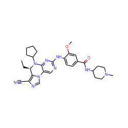 CC[C@@H]1c2c(C#N)ncn2-c2cnc(Nc3ccc(C(=O)NC4CCN(C)CC4)cc3OC)nc2N1C1CCCC1 ZINC000584905212