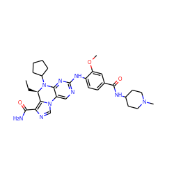 CC[C@@H]1c2c(C(N)=O)ncn2-c2cnc(Nc3ccc(C(=O)NC4CCN(C)CC4)cc3OC)nc2N1C1CCCC1 ZINC001772611517