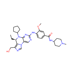 CC[C@@H]1c2c(CO)ncn2-c2cnc(Nc3ccc(C(=O)NC4CCN(C)CC4)cc3OC)nc2N1C1CCCC1 ZINC001772647559