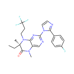 CC[C@]1(C)C(=O)N(C)c2cnc(-n3ccnc3-c3ccc(F)cc3)nc2N1CCC(F)(F)F ZINC000096272650