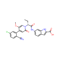 CC[C@H](C(=O)Nc1ccc2cc(C(=O)O)[nH]c2c1)n1cc(OC)c(-c2cc(Cl)ccc2C#N)cc1=O ZINC001772641338